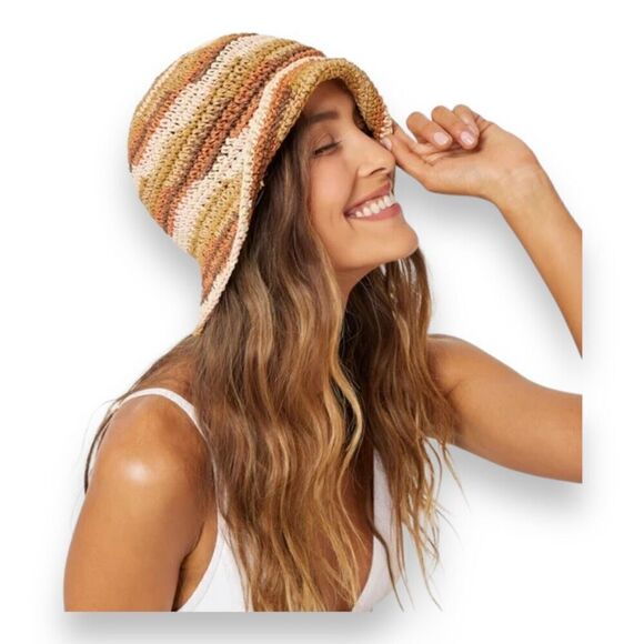 L SPACE Women’s One Size Straw Brie Bucket Hat Orange Brown Relaxed Sun Beach - Picture 6 of 6